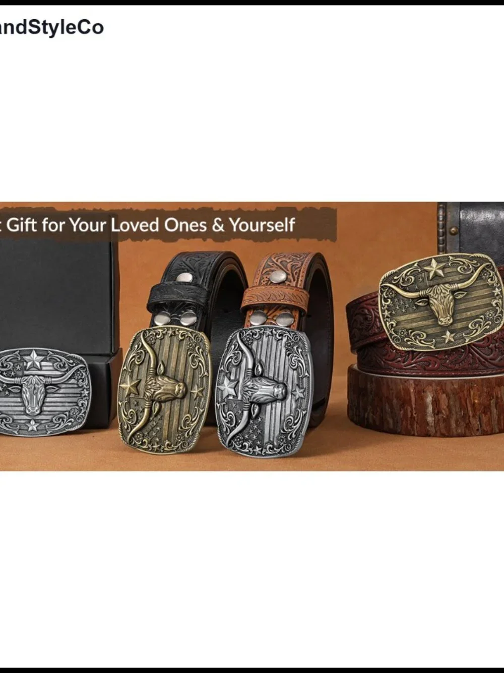 Western Cowboy Belt Embossed Leather with Longhorn Buckle Unisex